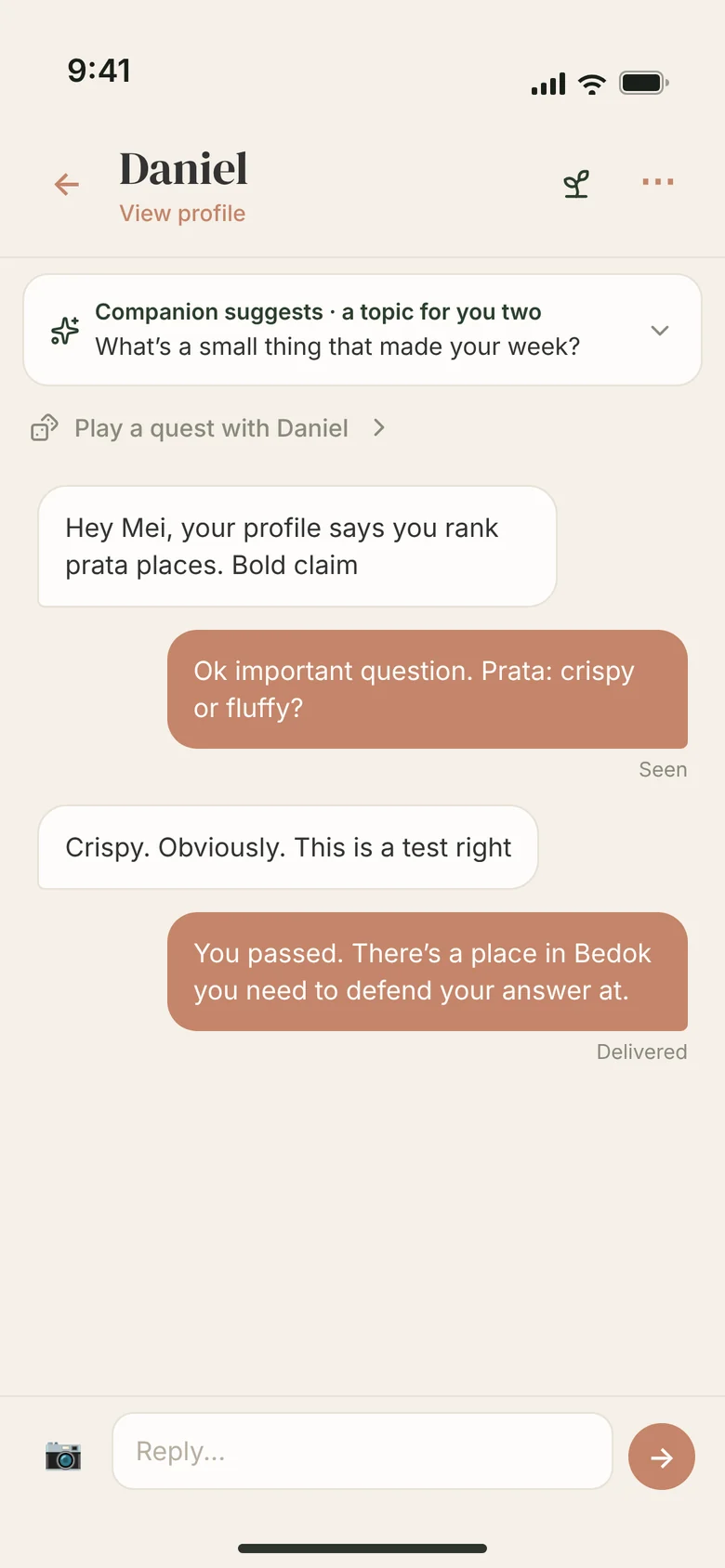 A chat between two people on Spring, with a topic suggested by the Companion at the top