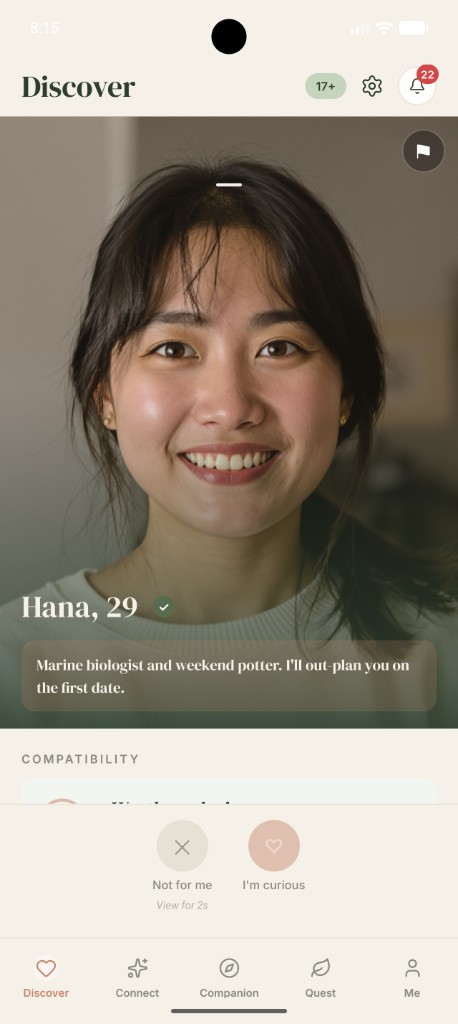 Spring Discover screen showing a verified profile chosen for the day