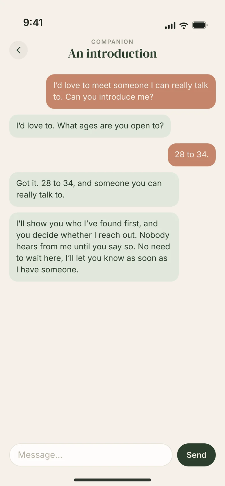 Someone asks their Companion for an introduction, and the Companion says nobody is contacted until they say so