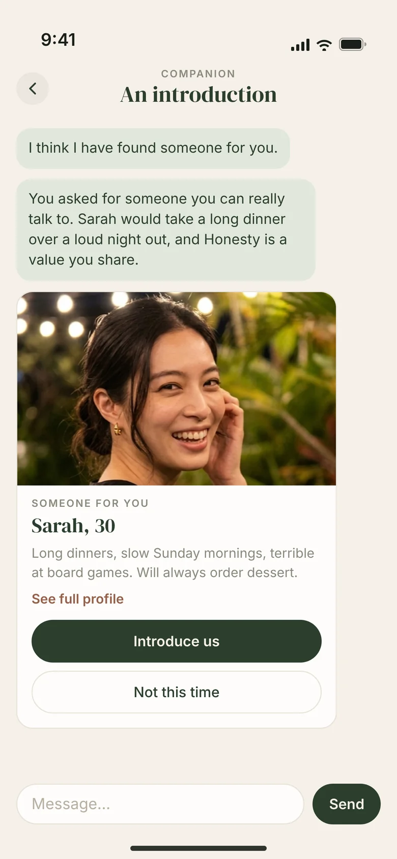 The Spring app: your Companion suggests one person, explains why it thought of the two of you, and offers the choices Introduce us or Not this time