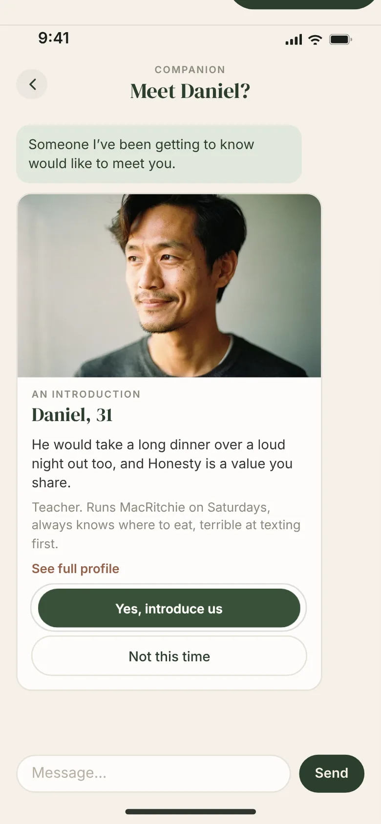 The other person's phone: their Companion says someone would like to meet them, with a profile, a reason, and the choices Yes, introduce us or Not this time
