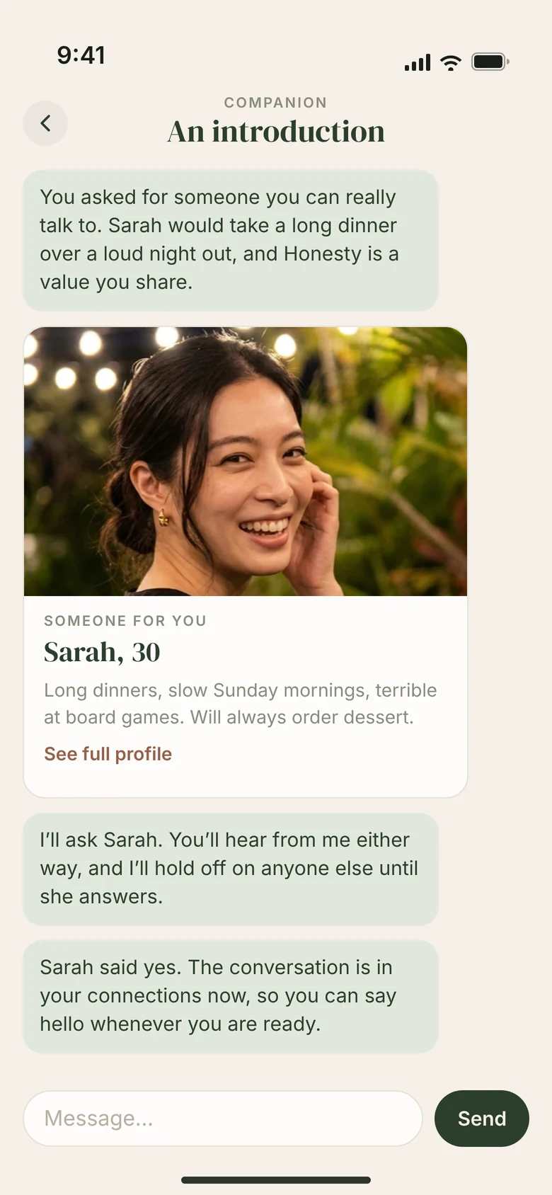 The Companion says the other person said yes and the conversation is now in your connections