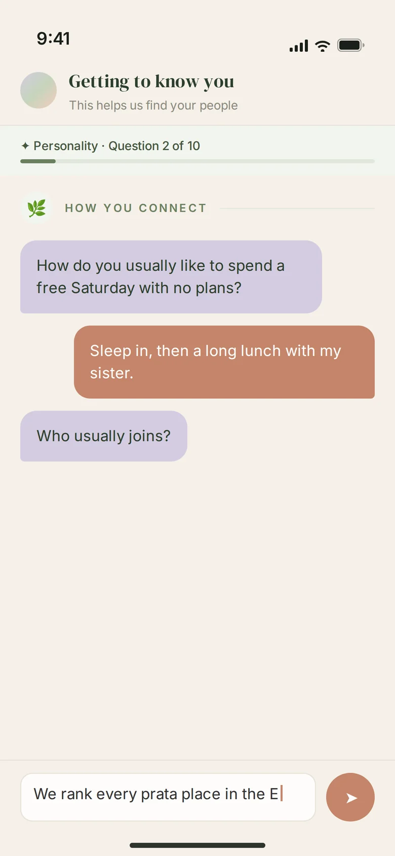 Spring's getting-to-know-you chat, asking how you like to spend a free Saturday